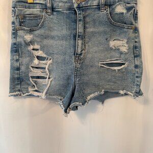 Distressed High-Waisted Denim Shorts- Light Wash